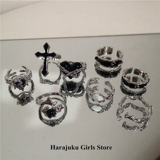 Harajuku Black & Silver Irregular Rings